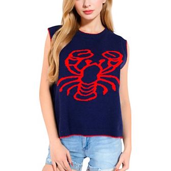 Women's Lobster Embroidered Knit Sleeveless Sweater Vest with Ribbed Trim