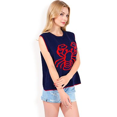 Women's Lobster Embroidered Knit Sleeveless Sweater Vest with Ribbed Trim