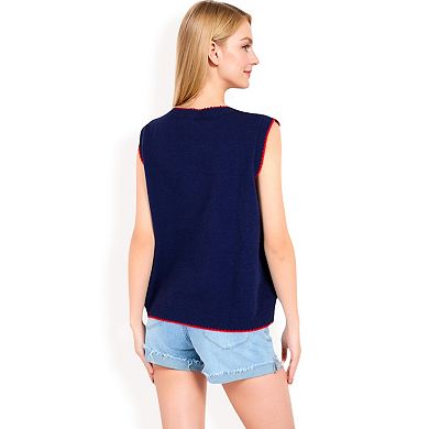 Women's Lobster Embroidered Knit Sleeveless Sweater Vest with Ribbed Trim