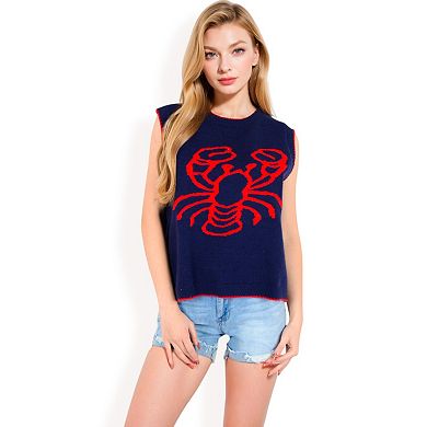 Women's Lobster Embroidered Knit Sleeveless Sweater Vest with Ribbed Trim