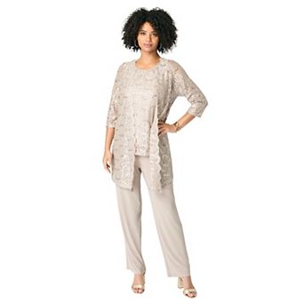 Roaman's Women's Plus Size Plus-Size 3 pc 3/4 Sleeve Foil Lace Duster Pant Set