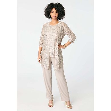 Roaman's Women's Plus Size Plus-Size 3 Piece 3/4 Sleeve Foil Lace Duster Pant Set