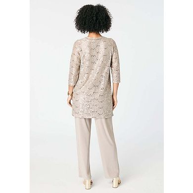 Roaman's Women's Plus Size Plus-Size 3 Piece 3/4 Sleeve Foil Lace Duster Pant Set