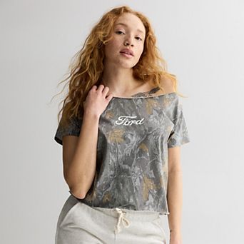 Juniors' Ford Camo Off The Shoulder Graphic Tee