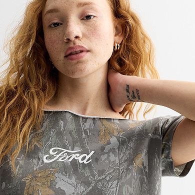 Juniors' Ford Camo Off The Shoulder Graphic Tee