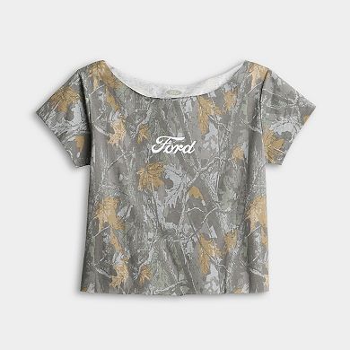Juniors' Ford Camo Off The Shoulder Graphic Tee
