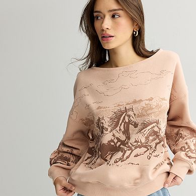 Juniors' Horse Graphic Off The Shoulder Fleece Pullover