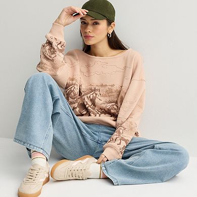 Juniors' Horse Graphic Off The Shoulder Fleece Pullover