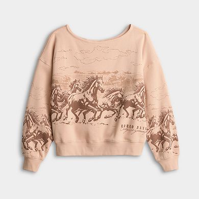 Juniors' Horse Graphic Off The Shoulder Fleece Pullover