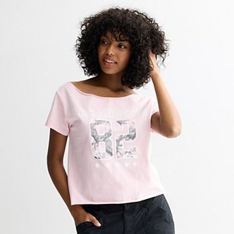 Juniors' Los Angeles Camo Off The Shoulder Graphic Tee