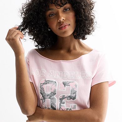 Juniors' Los Angeles Camo Off The Shoulder Graphic Tee