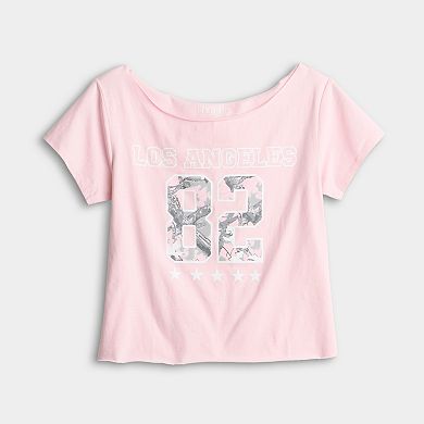 Juniors' Los Angeles Camo Off The Shoulder Graphic Tee