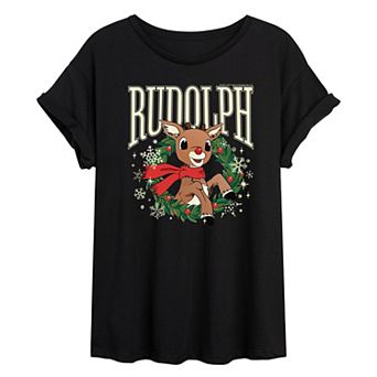 Juniors' Rudolph The Red-Nosed Reindeer Wreath Oversized Graphic Tee