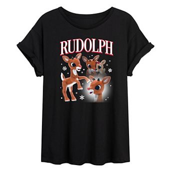Juniors' Rudolph The Red-Nosed Reindeer Bootleg Oversized Oversized Graphic Tee