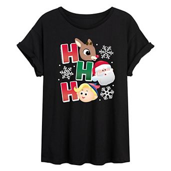 Juniors' Rudolph The Red-Nosed Reindeer Ho Ho Ho Oversized Graphic Tee