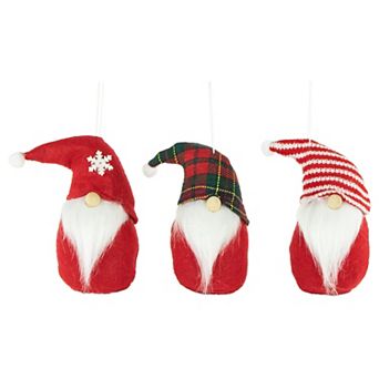 Northlight 3 pk Plush Gnomes Christmas Ornaments with Striped Plaid & Snowflake Hats