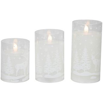 Northlight LED Flameless Flickering Snowy Woodland Glass Pillar Candles Set of 3
