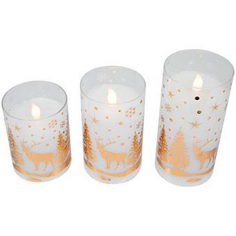 Northlight LED Flameless Flickering Woodland Glass Pillar Candles Set of 3