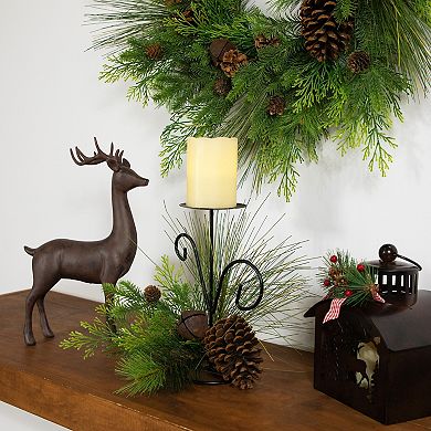 Northlight 10-Inch Pine Cones & Jingle Bell Christmas Pillar Candle Holder