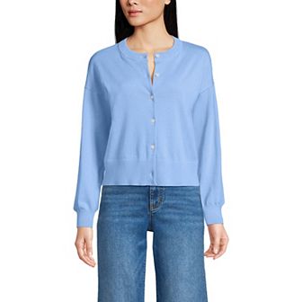 Women's Lands' End Cropped Fine Gauge Crew Neck Cardigan Sweater