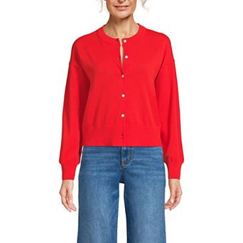 Women's Lands' End Cropped Fine Gauge Crew Neck Cardigan Sweater