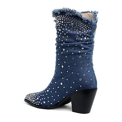 London Rag Savant Women's Diamante Rhinestone Denim Boots