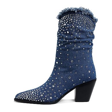 London Rag Savant Women's Diamante Rhinestone Denim Boots