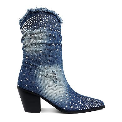 London Rag Savant Women's Diamante Rhinestone Denim Boots