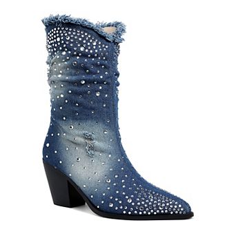 London Rag Savant Women's Diamante Rhinestone Denim Boots