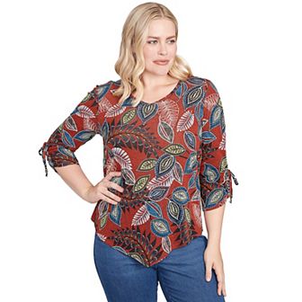 Women's Alfred Dunner Asymmetrical Top with Batik Leaves Design