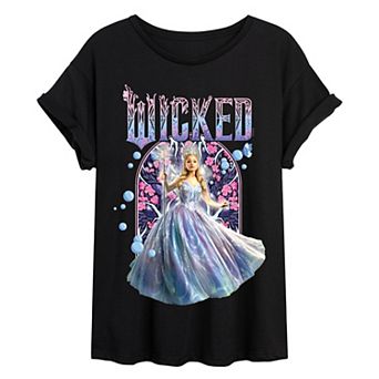 Juniors' Wicked For Good Glinda Floral & Bubbles Oversized Tee