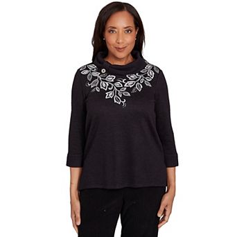 Women's Alfred Dunner Leaf Embroidered Rib Neck Top