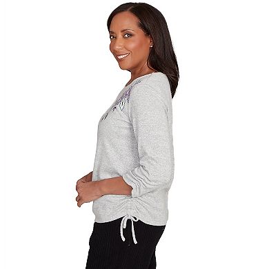 Women's Alfred Dunner Embroidered Flowers Side Tie Ruching Top