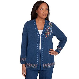 Women's Alfred Dunner Embroidered Flower Long Sleeve Cardigan Sweater