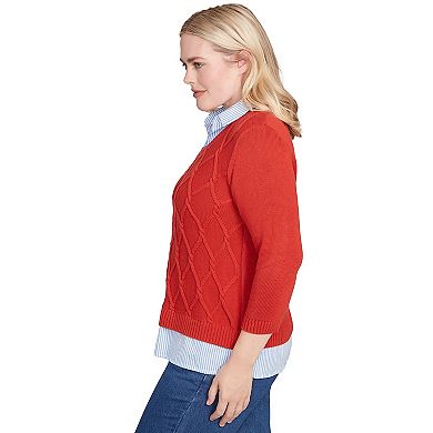 Women's Alfred Dunner Stitched Cable Stripe Woven Trim Sweater