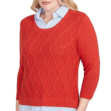 Women's Alfred Dunner Stitched Cable Stripe Woven Trim Sweater