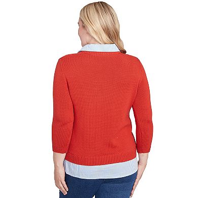 Women's Alfred Dunner Stitched Cable Stripe Woven Trim Sweater