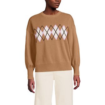 Women's Lands' End Cotton Drifter Argyle Crew Neck Sweater