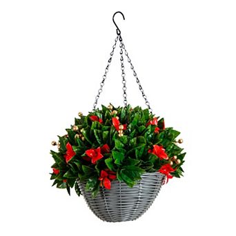 nearly natural 24-Inch Pre-Lit Artificial Red Tip Photinia & Gold Berries Hanging Basket