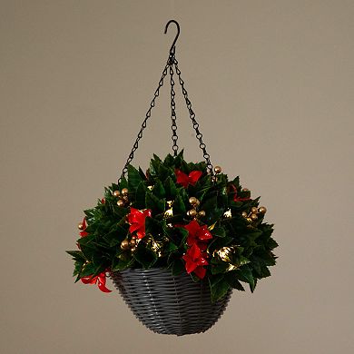 nearly natural 24-Inch Pre-Lit Artificial Red Tip Photinia & Gold Berries Hanging Basket