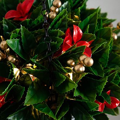 nearly natural 24-Inch Pre-Lit Artificial Red Tip Photinia & Gold Berries Hanging Basket