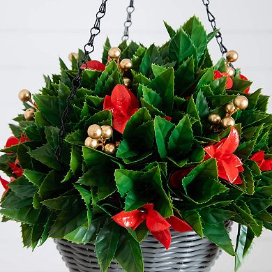 nearly natural 24-Inch Pre-Lit Artificial Red Tip Photinia & Gold Berries Hanging Basket