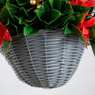 nearly natural 24-Inch Pre-Lit Artificial Red Tip Photinia & Gold Berries Hanging Basket