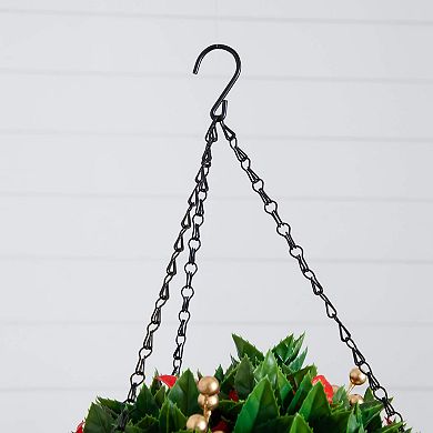 nearly natural 24-Inch Pre-Lit Artificial Red Tip Photinia & Gold Berries Hanging Basket