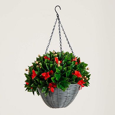 nearly natural 24-Inch Pre-Lit Artificial Red Tip Photinia & Gold Berries Hanging Basket