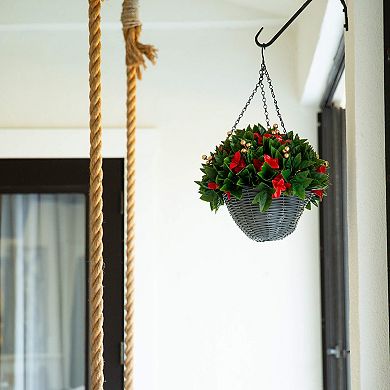 nearly natural 24-Inch Pre-Lit Artificial Red Tip Photinia & Gold Berries Hanging Basket