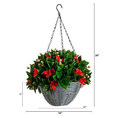 nearly natural 24-Inch Pre-Lit Artificial Red Tip Photinia & Gold Berries Hanging Basket