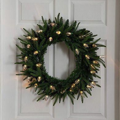Nearly Natural 24-Inch Pre-Lit Artificial Luxembourg Pine Christmas Wreath