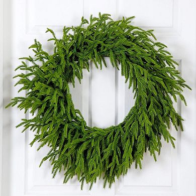 Nearly Natural 24-Inch Pre-Lit Artificial Real Touch Norfolk Island Pine Wreath