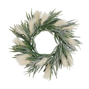 nearly natural 24-Inch Artificial Balsam Fir Pine & Pampas Wreath with LED Lights